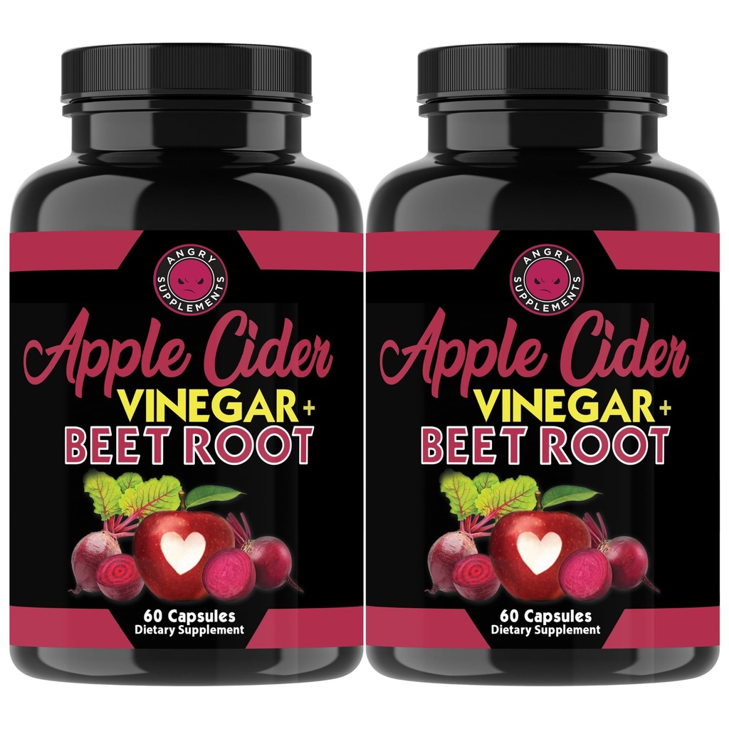 Suplemen Angry Apple Cider Vinegar + Beet Root Powder Capsules, ACV Beetroot 1000mg per Serving, Nitric Oxide Booster & Digetives Health for Men and Women 60ct, 2 Pack (Total 120ct)