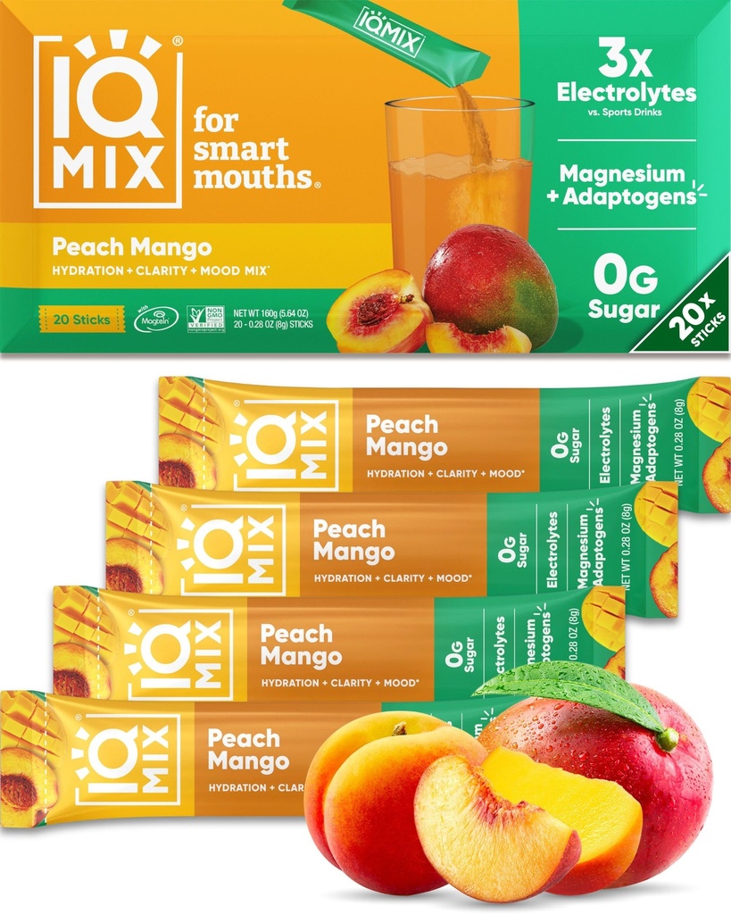IQMIX Hydration Electrolite Powder - 4-1 Formula for Hydration, Mental Clarity, Mood dan Recovery - Sugar- Free Drink Mix, Keto, Magnesium L- Threbonate, Lion 's Mane - 20 Count Peach Mangga