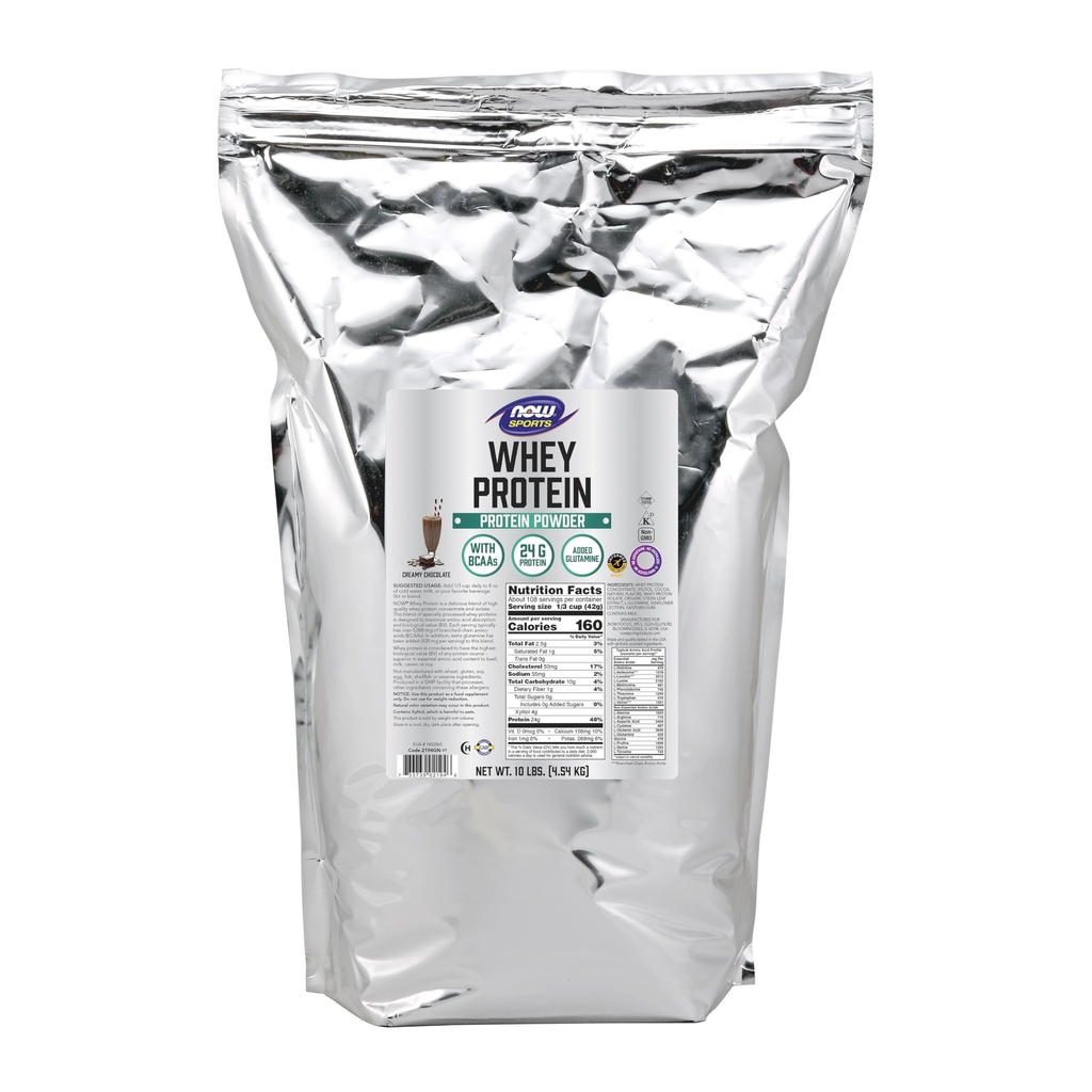 NOW Foods Sports Nutition, Whey Protein, 24 g With BCAAs, Creamy Chocolate Powder, 10- Pound