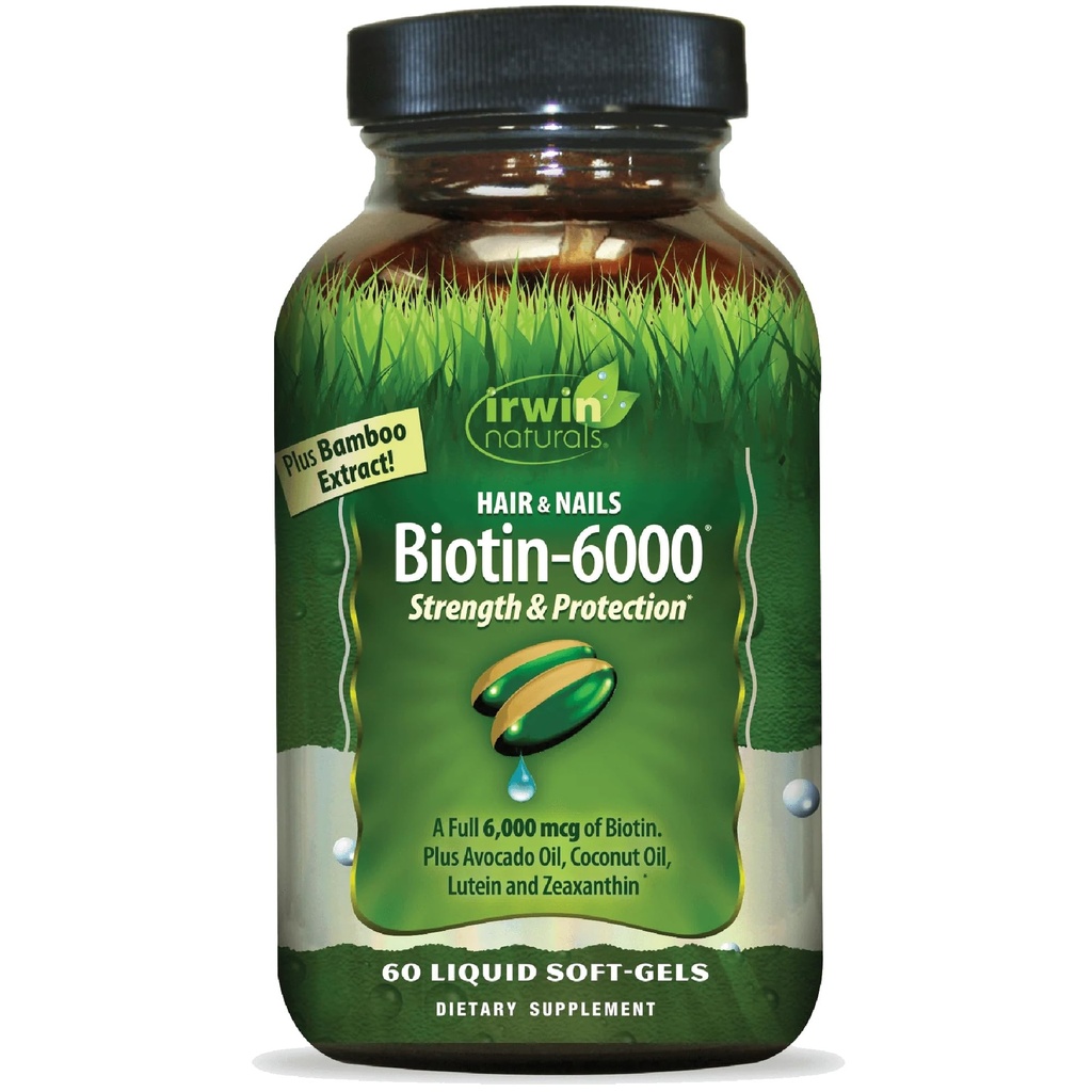Irwin Comparals Biotin- 6000 Supports Heally Skin, Hair & Nails - 60 Liquid Softgels - Power + Protection with High Potency 6000 mcg, Bamboo, Avocado, Coconut & More - Maximum Absorpsi
