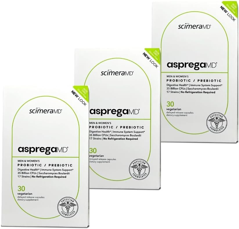 Asprega 30CT - Probiotic + Prebiotic Supplement A124; 17 Strains, 35 Milyar CFUS 124; Ditunda Rilis 124; Saccharomyces Boulardii 124; karena Pria & Women & Women 124; oleh ScromD, 3- Pack