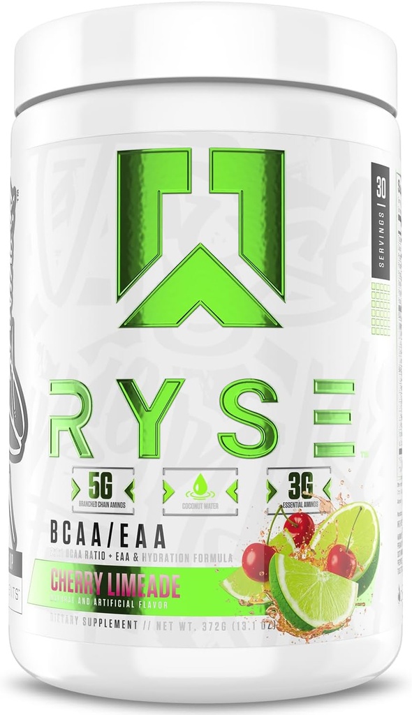 RYSE BCAA EAA Powder - Cherry Limeade - 5g Branched Chain Acids, 3g Eschever Aminos, Sugar- Free Electrolytes for Pre & Post Workout Muscle Recovery, Hidration and Power - 30