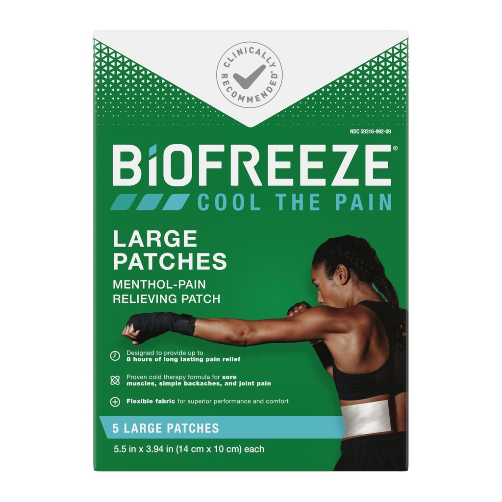 Biofreeze Large Pain Relief Patches, Menthol Pain Patches for Lower Back, Neck, Knee, & Shoulder, Comfortable & Flexible Fabric Stays in Place, FSA Elivible, 5 ct