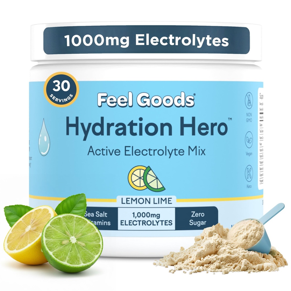 Feel Goods Hydration Hero, 1.000mg Electrolytes powder, Sugar Free, Magnesium, Organic Aloe, Organic Aloe, L Theanine, Vitamin C & B12, Non GMO, Keto, Vegan 124; Lemon Lime, 30 Servings