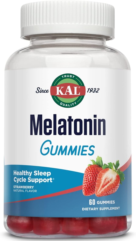 KAL Melonatin Gummies, Melonalin 5mg Sleep Aid, Rival Sehat, Durasi Tidur, Kualitas, dan Kesetaraan Mendukung Formula, Vegetarian, Gluten Bebas, Natural Strawberry Flavor, 30 Gummies, 60 Gummies