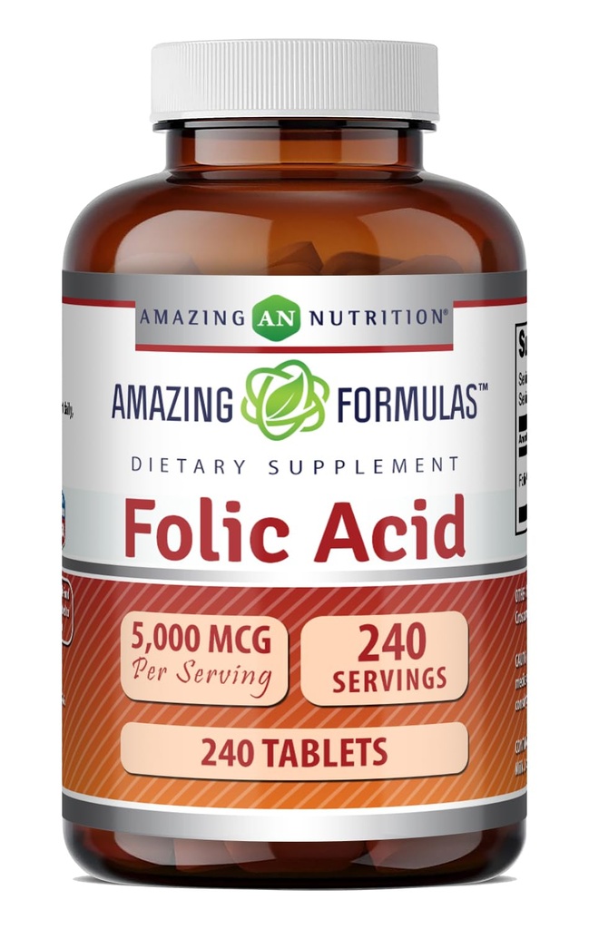 Amazing Formula Folic Acid Supplement: 124; 5000 Mcg 124; Tablet 12.4; Non-GMO 124; Gluten Free Alag4; Dibuat di USA (240 Count)