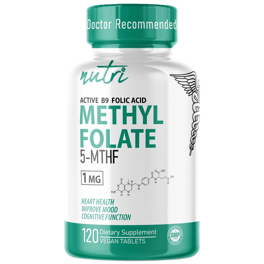 Nutri 5- MTHF L Methylfolat 1MG - 4 Bulan Supply, 120 Bible Vegan - Metholated Folor Suplemen - Fungsi Kognitif, Kesehatan Hati, Dukungan Prenatal - 3 Diuji Partai - NSF Sertifikasi Fasilitas