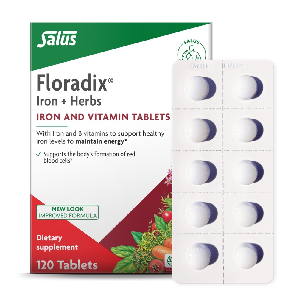 Floradix Iron Tablet - Iron Suplemen dengan B Vitamin, Acid Folic, Vitamin C & More - Energy Support - Vegetarian & Gluten- Free - 120 Tablet (120 Pelayan)