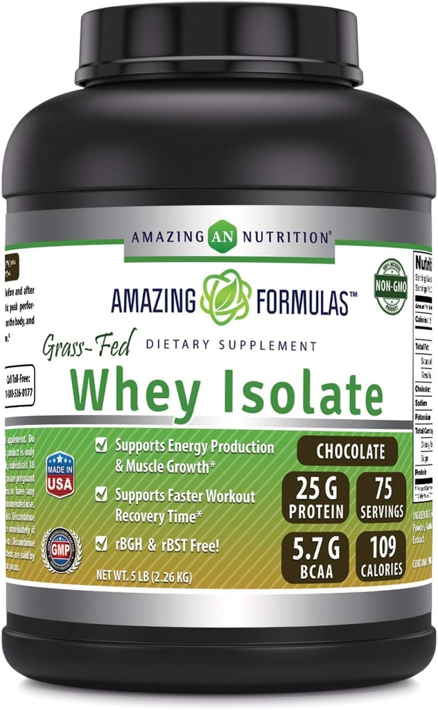 Amazing Formulas Grass- Fed Whey Protein Isolat 124; 25 Grams Protein Per Serving 14; 5 Lbs (2.26 Kg) £124; 5.7 Grams BCAA 124; Dibuat di AS (5 Lb, Chocolate)