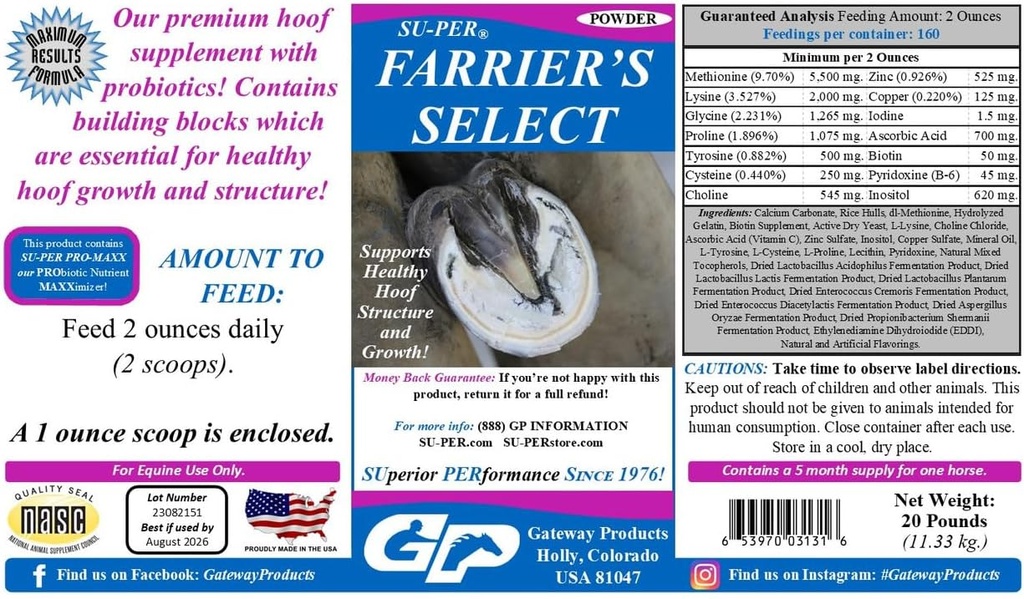 SU-PER Farrier 's Select Hoof Suplement - Horse Premium Hoof Care Suplemen dengan Progori- Pandang Kesehatan - 20 Pounds, 5 Pasokan Bulan
