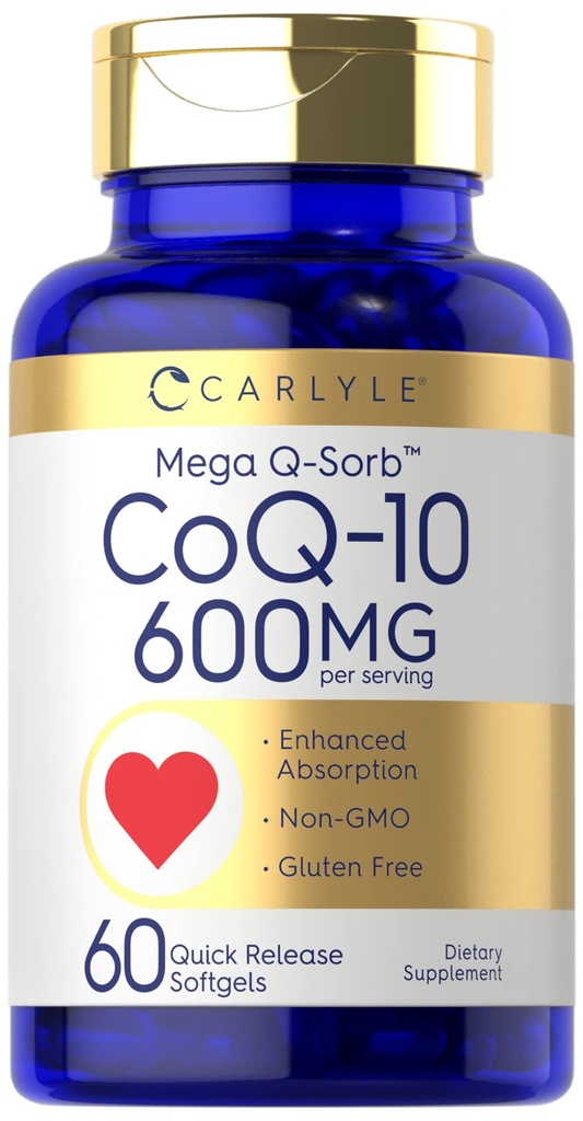 Carlyle CoQ10 600 mg Softgeels 124; 60 Count 124; Mega Q-Sorb Coenzim Q-10 124; dengan Black Pepper Extract 124; Non-GMO & Gluten Free Supplemen