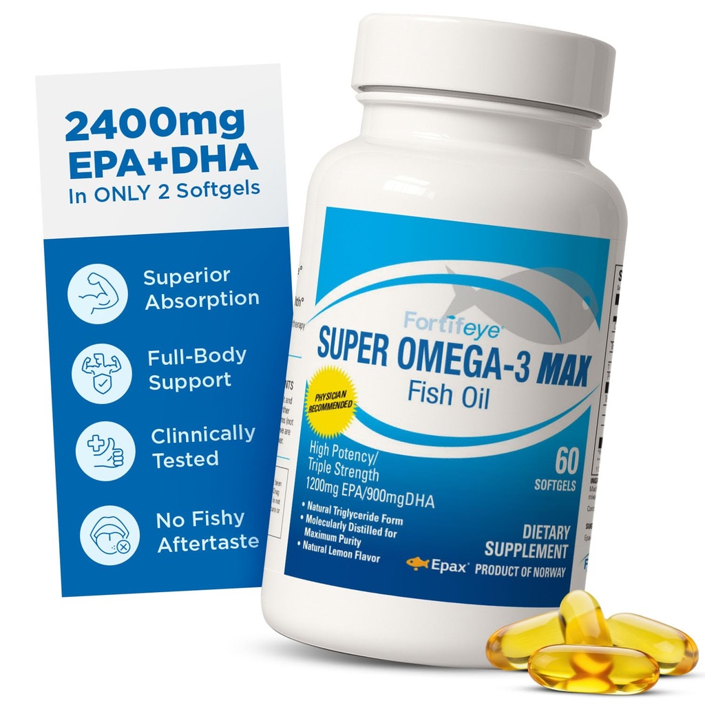 Super Max Omega-3 Fish Oil 2400 mg Made in Norwegia - High Potency Fish Oil Omega 3 Suplemen untuk Perempuan dan Pria, Triglyceride Form dengan EPA dan DHA Suplemen No Fishy Setelah Taste Lemon Flavor