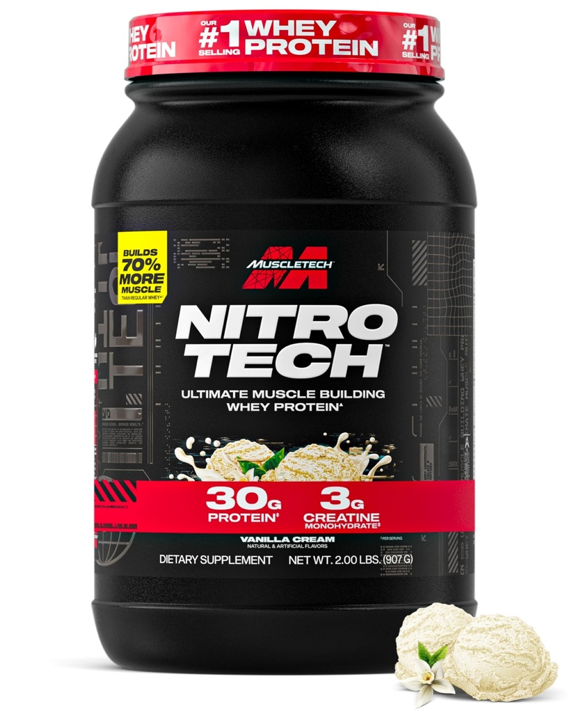 Muscletech Whey Protein Powder (Vanilla Cream, 2.2 Pound) - Nitro- Tech Ultimate Muscle Building Formula dengan Whey Protein Isolate - 30g Protein, 3g Creatine & 6.8g dari BCAA - Paket May Vary