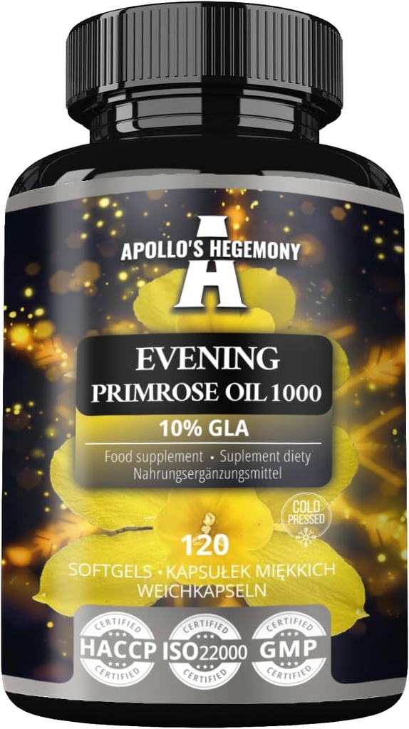 APollo 'S HEGEMONY Evening Primrose Oil 1000 mg dengan Vitamin E - Berisi 100 mg dari GLA Acid - 120 Softgel Capsules - 4 Bulan Suply - Diet Tambahan untuk Mendukung Hormonal Saldo dan Skin Kesehatan
