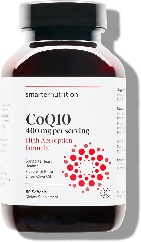 SMARTERNUTTISI COQ10 400 mg Absorpsi Tinggi - Alami Fermentasi Ubiquinone w / Organic Cold- Menekan Olive Oil - untuk Kesehatan Jantung, Sel Energi - Non- GMO, Gluten Free - 60 Count [30- Day Suppply]