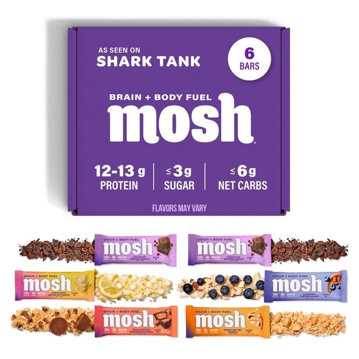Variety MOSH Kemo Protein Bars, High Fiber, low Carb, Gluten Free, High Protein, Brain Heally Snack dengan Ashwagandha, Lion 's Mane, 6 Count