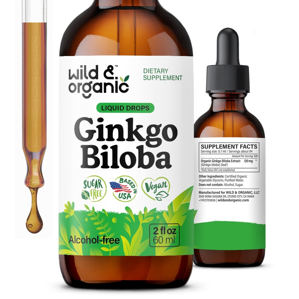 Wild & Organic Ginkgo Biloba Tacture - Otak & Fokus Dukungan dengan Ginkgo Leaf Suplemen - Vegan, Sugar & Alcohol- Free Herbal Extract Tincture - 2 flf oz