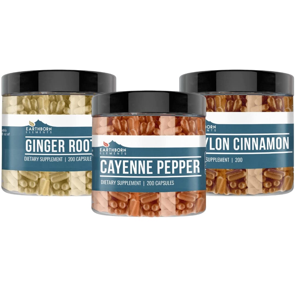Elements Earthborn Cayenne Pepper, Ceylon Cinnamon & Ginger Root Bundle (200 Capsules Setiap), Pure & Undiluted, No Addonves