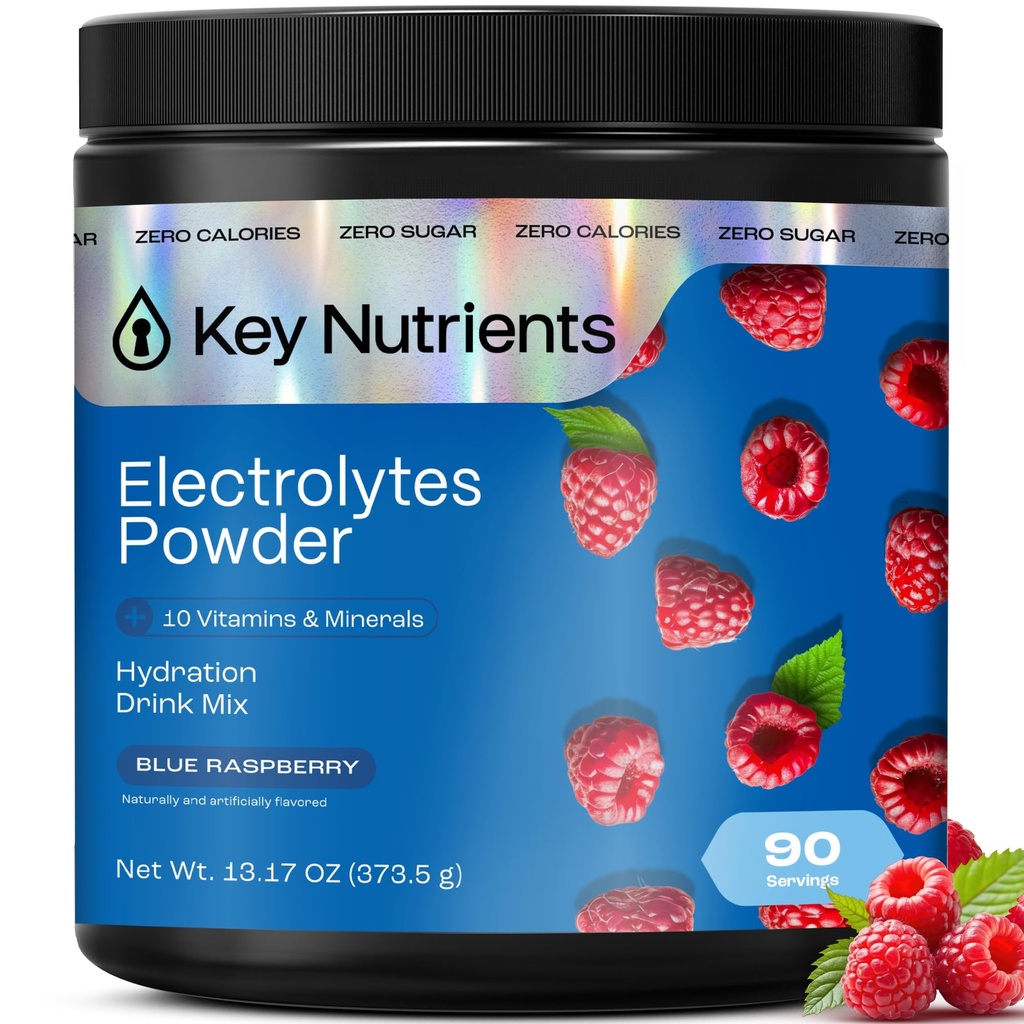 KEY NUTRIENTS Multivitamin Electrolytes Powder No Sugar - Sweet Blue Raspberry Electrolite Powder - Endurance & Energy Suplemen - Powder Hidration - Tidak Ada Kalori- 90 Servings - Dibuat di USA