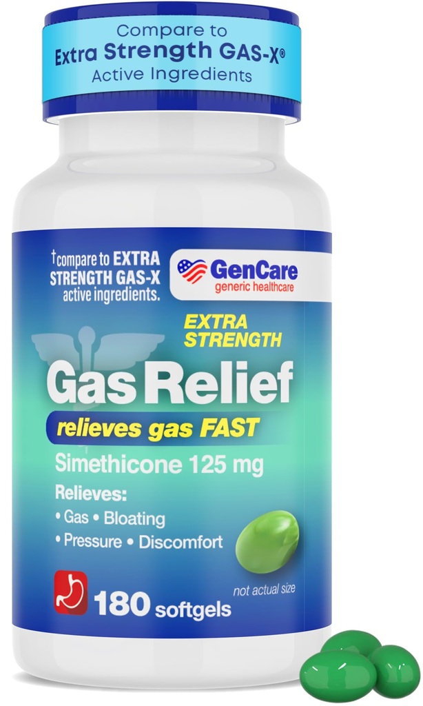 GenCare -Extra Kekuatan Gas Relief 125mg (180 Softgels) Maximum Power Anti Gas Pil untuk Bloating Relief, Tekanan & Diskenyamanan - Bandingkan dengan Generik Kekuatan Gas X Ekstra