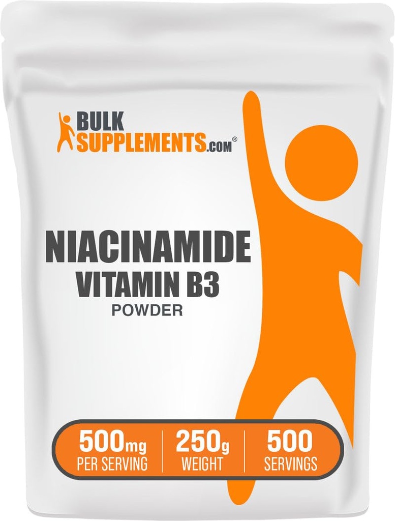 BulkSuplements.com Niacinamide Powder - Vitamin B3 Powder, Niacinaide Suplemen, Niacinamide 500mg - B3 Vitamin untuk Skin, Gluten Bebas, 500mg per Serving, 250g (8.8 oz) (Paket 1)