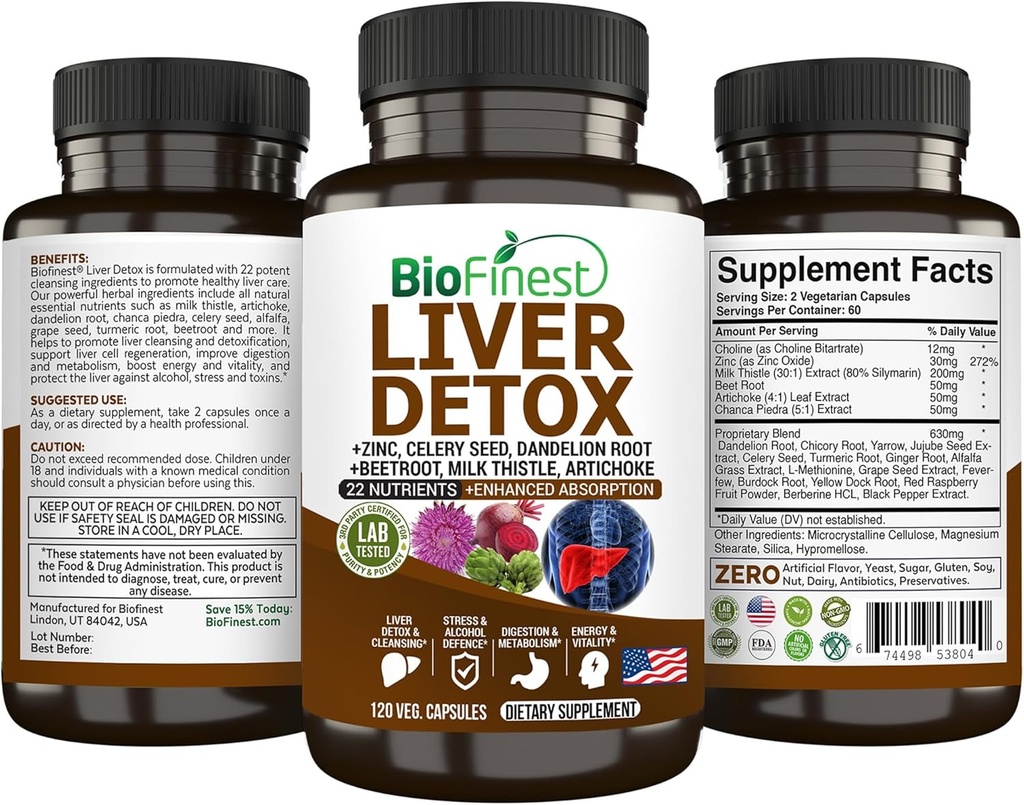 Tambahan Detox BioFinest Liver - 22 Nutrients Milk Thistle Artichoke Celery Secred Chanedra Root Dandelion Turdelion Ginger - Alkohol Cleanse Energy Metabolisme (120 Veg. Capsules)
