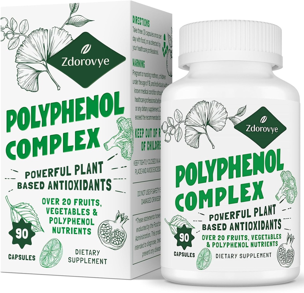 20-in-1 Polyphenol Supplement Lebih dari 20 Fruit, Vegetable & Polyphenol, Powerful Antioksidants, Quercetin, Resveratrol, Turmeric, Green Tea, Polyphenols for Age Defense, Energy & Imune, 90 Capsules