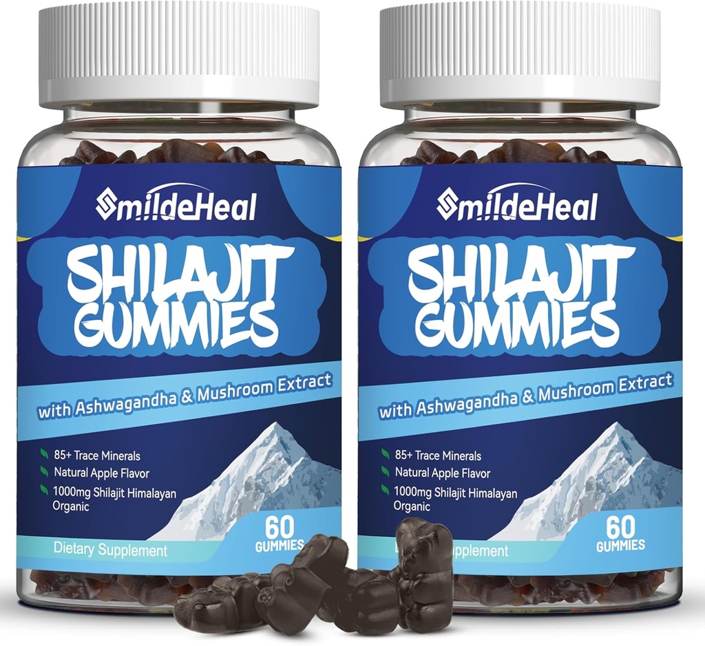 Suplemen Shilajit Gumies 1000 MG, Organik Shilajit, 85 + Trace Mineces, dengan Ashwagandha, Mushroom - Energi, Otak, Dukungan kekebalan, untuk Pria & Wanita - 120 Cacah