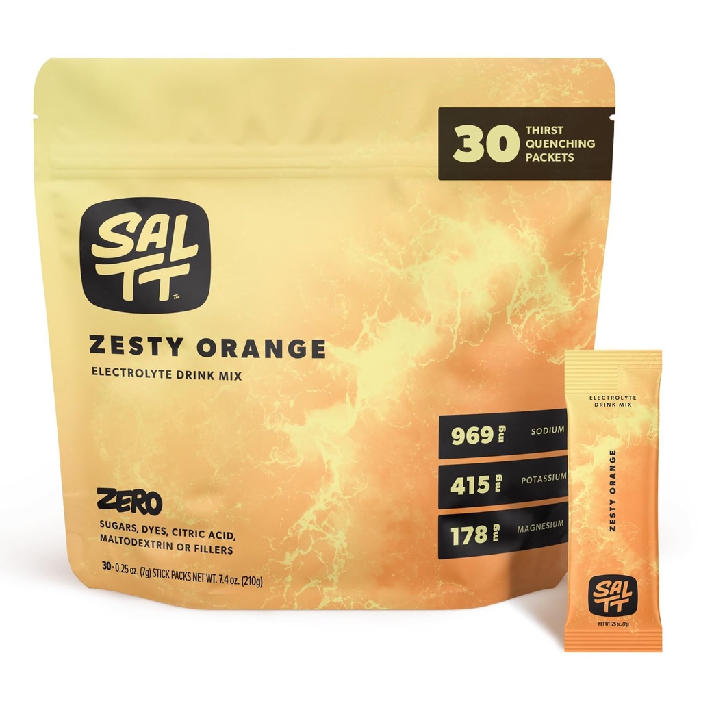 SallTT Electrolytes Powder Flavored Drink Mix - Zesty Orange - 30 Hidration Packets - Magnesium, Potasium, Sodium, Trace Minecure - Zero Sugar & Gluten Free - Travel Essensial