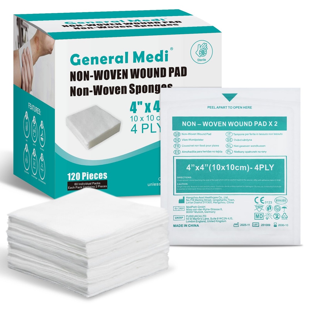 General Medi Sterile Gauze Sponges, 4 "x 4" Non-Wound Weund Pads - Secara individual Wrapped Absorbent Pages for Cushioning Minor Wounds, Cuts & Burns Weund Care (60 Packs, 120 Piesses Total)