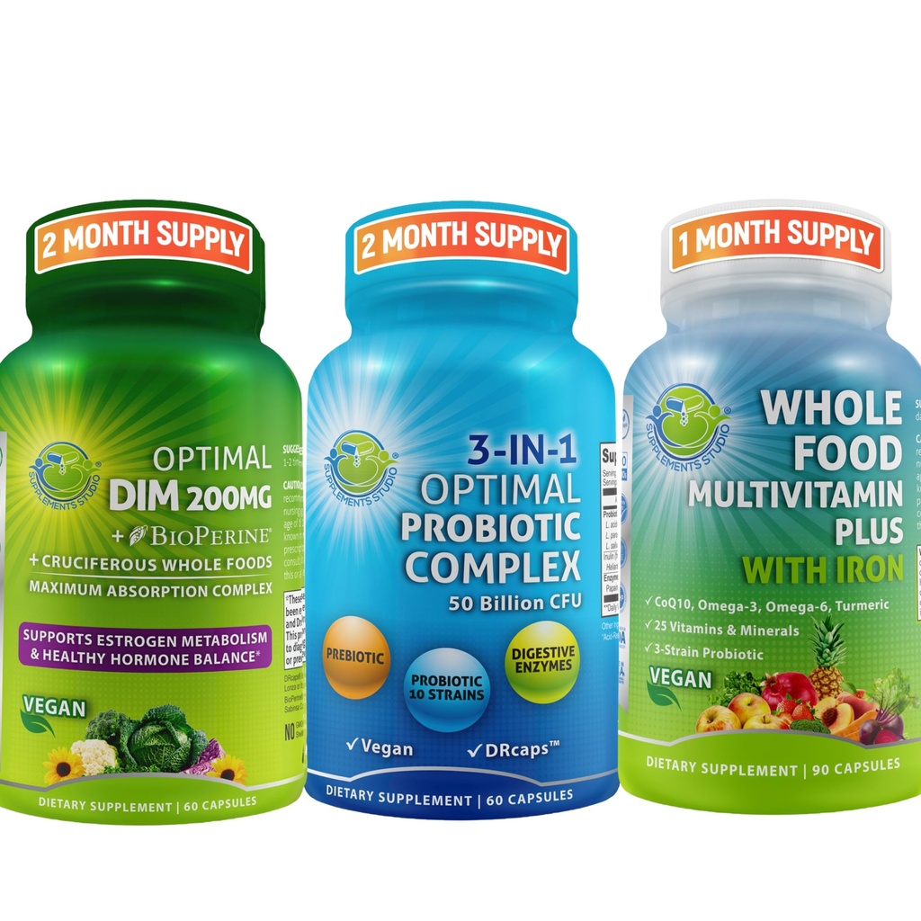 Keseimbangan Hormonal & Digetical Health Trio - DIM 200 mg dengan BioPerine ® & Cruciferous Vegies + 3-In- 1 Probiotic dengan Prebiotic dan Enzymes + Whole Food Multivitamin with Iron - Vegan Wellness Support
