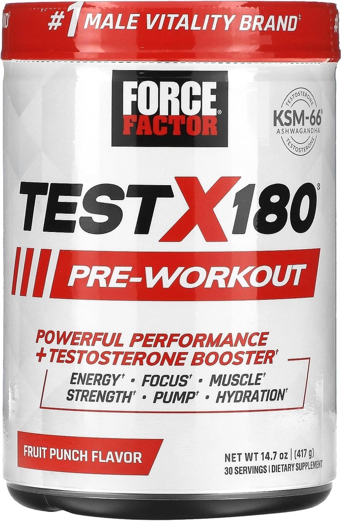 ForCE FacTOR Test X180 Pre-Workout Powder & Energy Suplement, Boost Focus & Endurance, Build Muscle & Power, Nitric Oxide Suplemen dengan Ashwagandaha & -Citrulline, Frulline, 30 Serbu