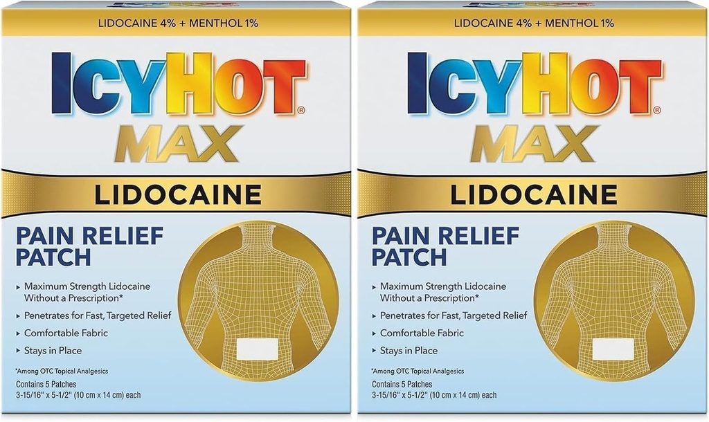 Icy Hot Max Strength Lidocaine Pain Relief Patch (5 Count) Poffiats for Fast, Targeted Relief (Pack of 2)