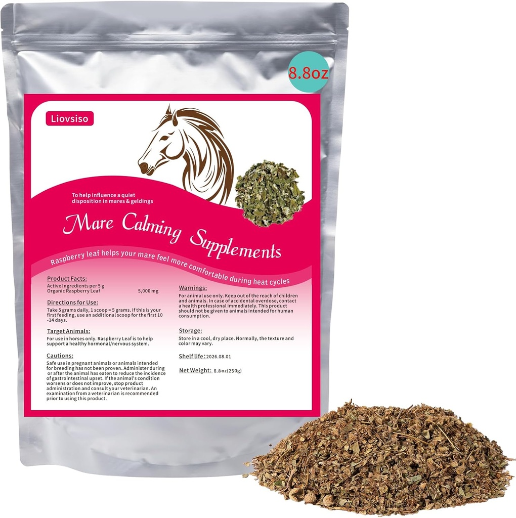 8.8 oz Horse Calming Supplement - Natural Raspberry Leaf Eases Anxiety and Discomfort in Moody Mares, Calms During Heat Cycles - Sustable for Geldings Too