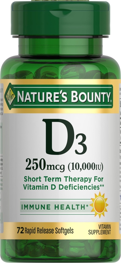 Nature 's Bounty Vitamin D untuk Dukungan Imune dan Promotes Healthy Bones, 1000IU, Softgels, Warna Multi-, 10.000 IU, 72 Cacah (Paket 1)