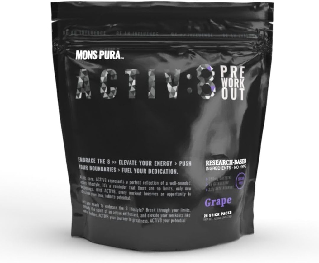Activ8 Grape Pre-Workout 25 Power- Packed Servings 250mg Caffeine