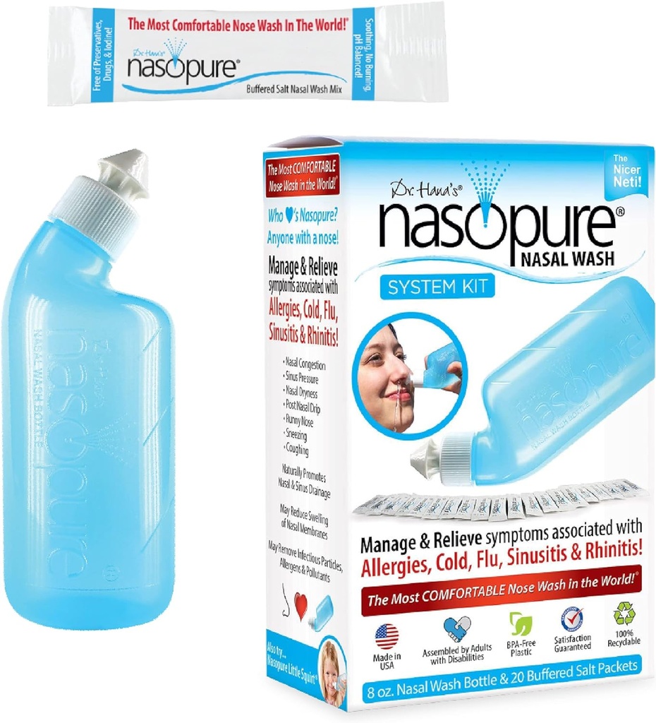 Nasopure Nasal Wash, Sistem Kit, "The Niser Neti Pot" Sinus Wash Kit, Comfortable Nasal Rinse 8 Oz Bottle & 20 Paket Garam (3.75 Grams Masing-masing), Konsumsi Nasal, Dingin, Flu, Allergy, Nasal Irrigation