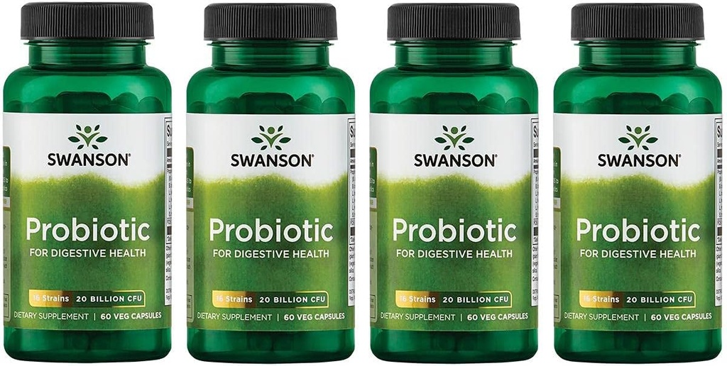 Swanson Probiotic for Digetical Health GI Tract Ammune Support Traveler 20 Milyar CFU with Prebiotic FOS 60 Veggie Capsules (4 Pack)