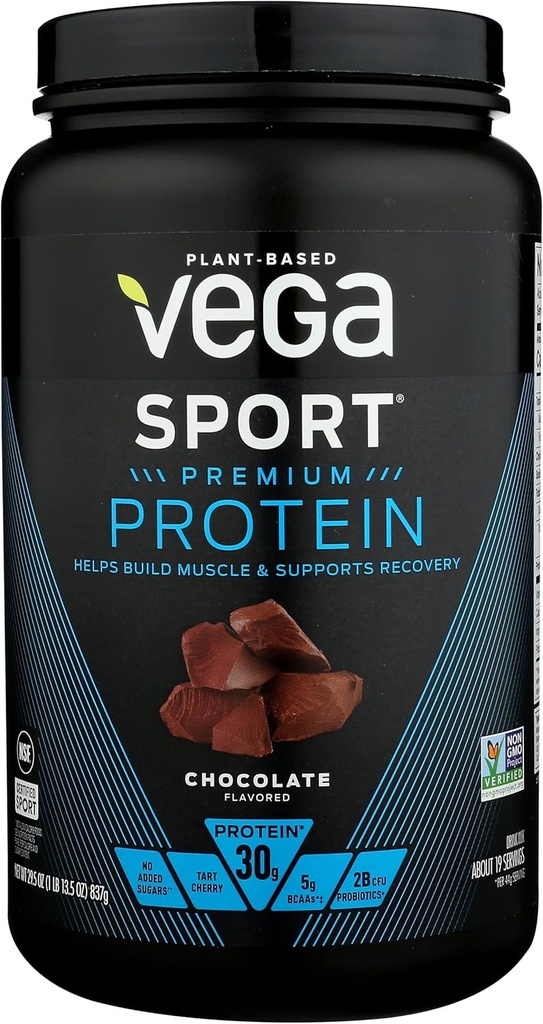 Vega Sport Premium Protein Powder, Chocolate, Vegan, 30g Plant Based Protein, 5g BCAAs, Low Carb, No Sugar, Keto, Dairy Free, Gluten Free & Non-GMO, Pea Protein untuk Perempuan dan Pria, 29.5 Oz