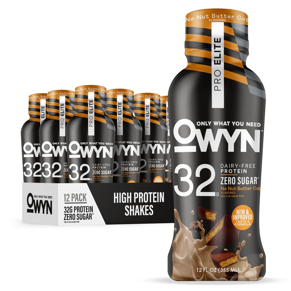 OWYN Only What You Need Pro Elte Vegan Plant Based High Protein Keto Shake, No Nut Butter Cup, Zero Sugar, 32g Protein, Omega- 3, Pregories, Superfoods Greens untuk Pemulihan, 0g Net Carbs