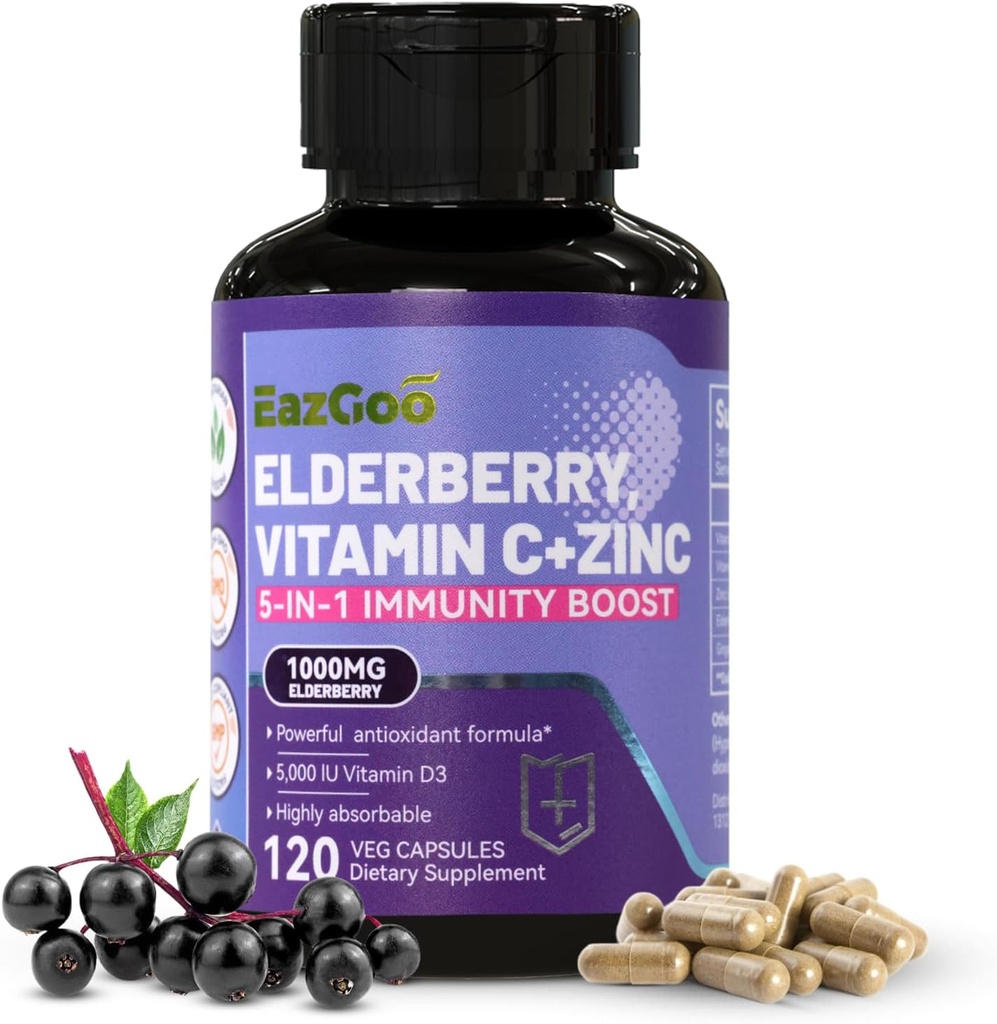 Sambucus Elderberry dengan Zinc & Vitamin C - 5 dalam 1 Imune Supplemen Dukungan, Non-GMO, 120 Vegetarian Capsules, 2 Bulan Supply