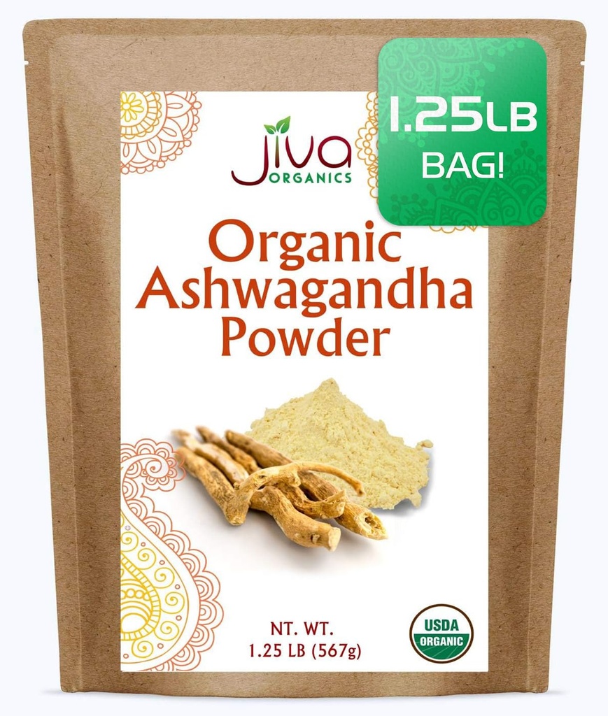 Jiva Organics Ashwagandha Root Powder 1.25 Pound (20oz) - Gluten Free, India Ginseng, Raw, Pure, Non-GMO, Lab Tested Ayurvedic India Powder