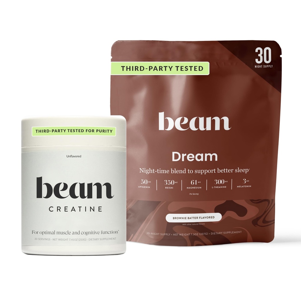 Beam Dream Sleep Powder & Creatine Bundle, Third Party Tested Natural Sleep Aid & Recovery Suplement with Micronized Creatine Monodrate, Unflashted Creatine Powder for Muscle Strength, Energy