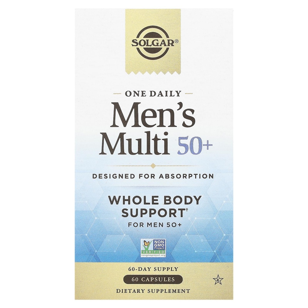 Solgar One Daily Men 's Multi 50 + Whole Body Support for Men 50 and Older Absorbable Leached Heart, Energy, Stres, Bone, Prostate Dukung Vitamin 60 Vegan Capsules, 60 Servings