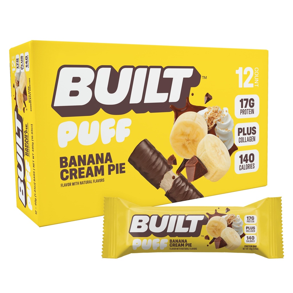 Bar Built, Puff Protein Bars, Banana Cream Pie Puff, 17g Protein Snacks, OnTheGo Bars, Only 140 Calories, 6g Sugar, Collagen, Gluten Free, 12 Count