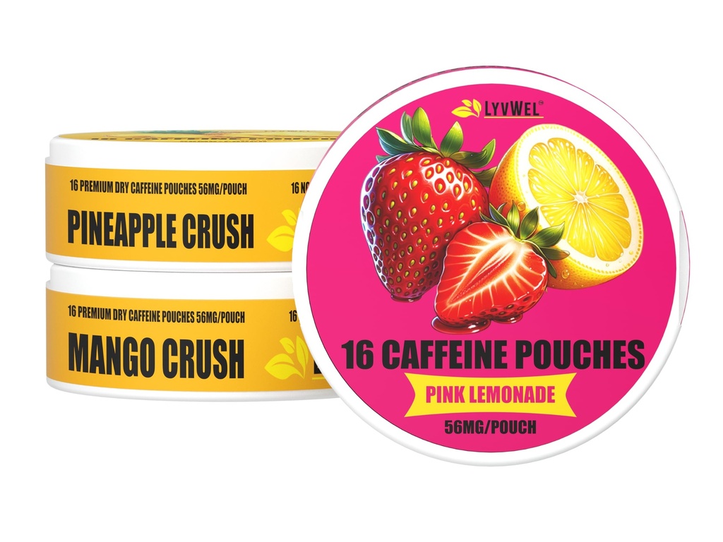 LyvWel 56mg Caffeine Energy Pouches - Pink Lemonade, Pineapple Crush, Mango Crush - Fruity Clear Energy & Focus Boost with Guarana - 3- Pack Sampler (48 Total Pouches)