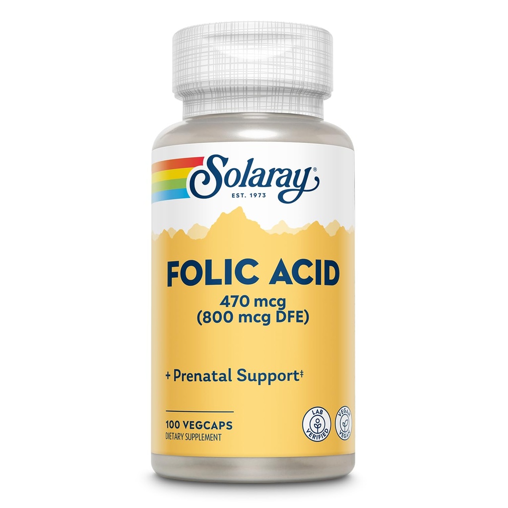 Asam Folik SOLARAY - Vitamin B9 Acid Folic, Prenatal Vitamin - Blood Cell Development - Vegan, Lab Verifikasi, 60- Hari Jaminan - 100 pelayan, 100 VexCaps