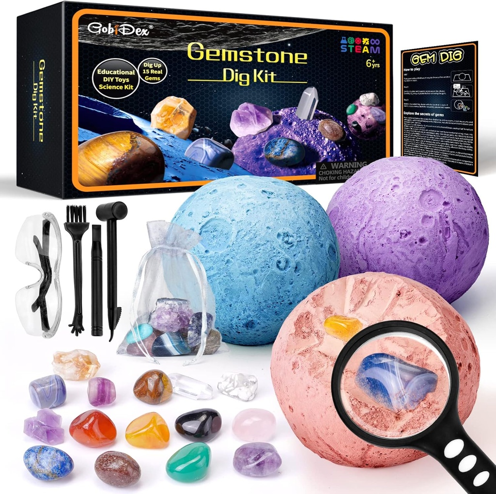 GobiDex Gemstones Dig Kit, Solar System Science Kit for Kids, Excavate 15 Real Gems, STEM Educational Space Toys Planet Collection Kit, Arkeologi Science Projects Gift for Boys & Girls Age 6 +
