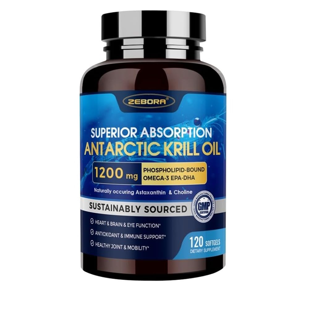 Krill Oil 1200 mg Omega 3 Suplemen, Krill Oil Omega 3 dengan EPA Absorpsi Tinggi, DHA, Astaxanthin & Phospholipids, Supports Heart & Joint Health, No Fishy Aftertaste - 120 Softgels (60 Pelayan)