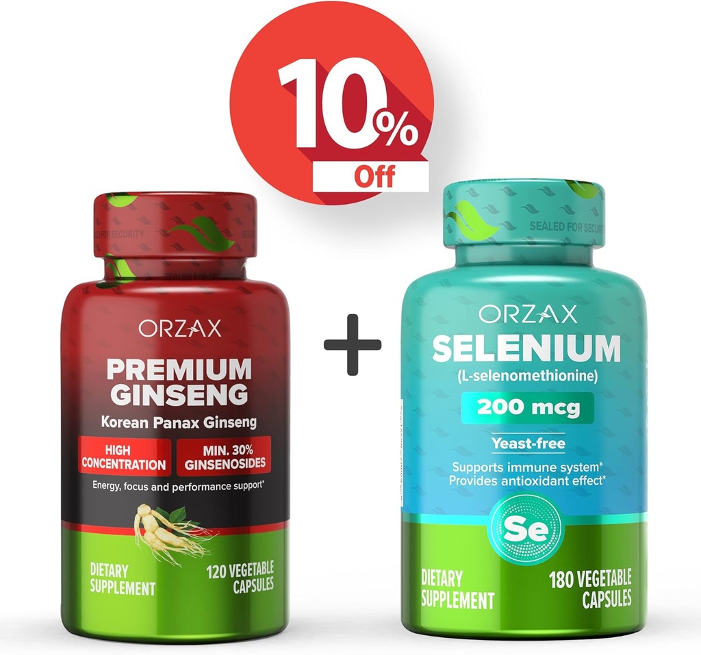 ORZAX Premium Ginseng 120 Vegatable Capsules dan Selenium 200 Mg 180 Vegatable Capsules, Bundle